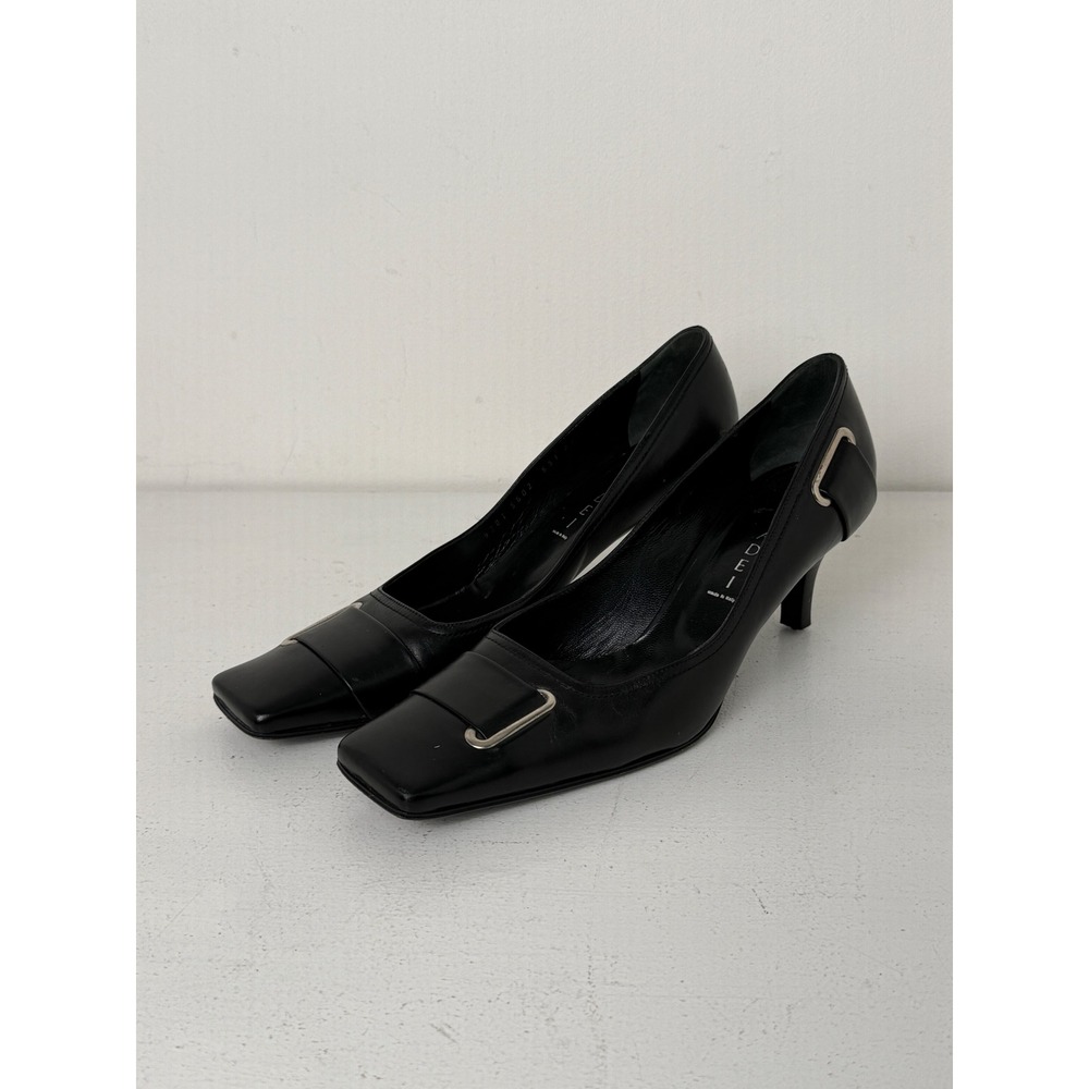 Casadei Black Leather Square Toe Kitten Heel Pumps Silver Buckle Made in Italy 9